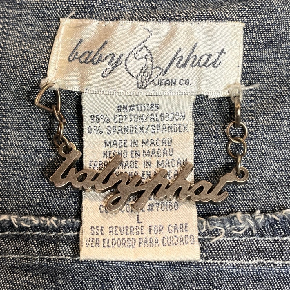 Vtg Baby Phat Y2K Denim Bomber Varsity Jean Jacket Size L Streetwear Retro Style - Picture 14 of 15